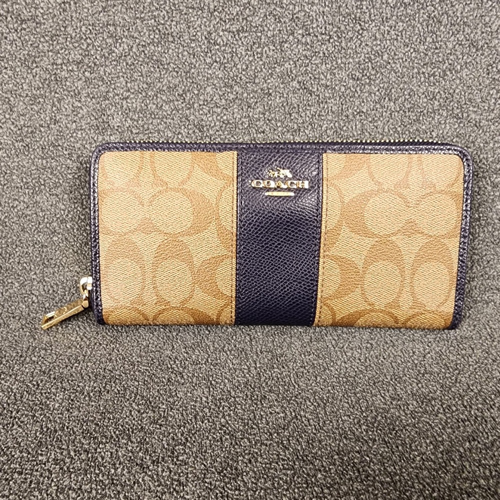 Coach Signature Coated Canvas Leather Stripe Zip Around Wallet